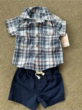 Carter's Navy Blue and White Plaid Shirt with Navy Shorts Kids Matching Set